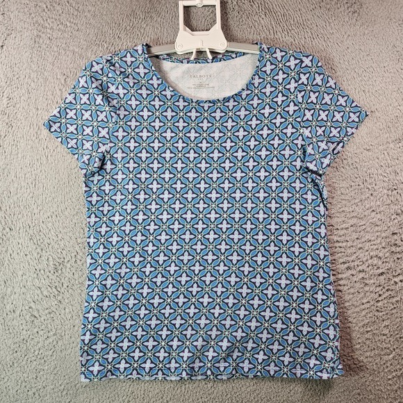 The Talbots Tee Top Women Medium Geometric Short Sleeve Blue Purple Tone‎ - Picture 1 of 9